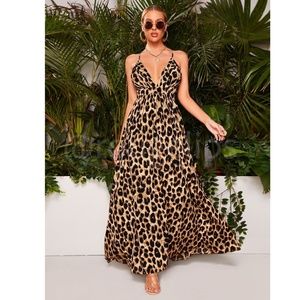 Backless Cheetah Maxi Dress Criss Cross V-Neck